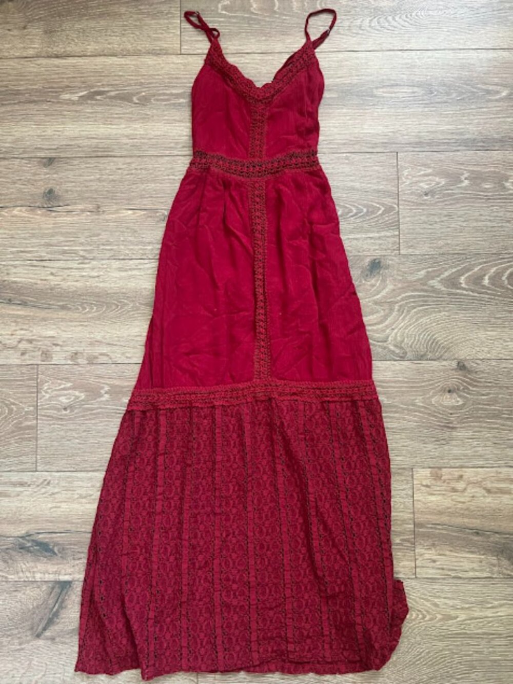 EXIT Urban & Vintage Maroon Crochet Sheer Lace Maxi Long Dress Size XS